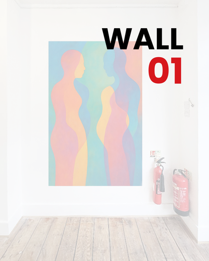 Gallery exhibition wall at Espacio Gallery, offering a clean white surface for the professional display of artworks, with gallery lighting and hanging system in place.